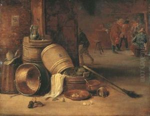 An Interior Scene With Pots, 
Barrels, Baskets, Onions And Cabbageswith Boors Carousing In The 
Background