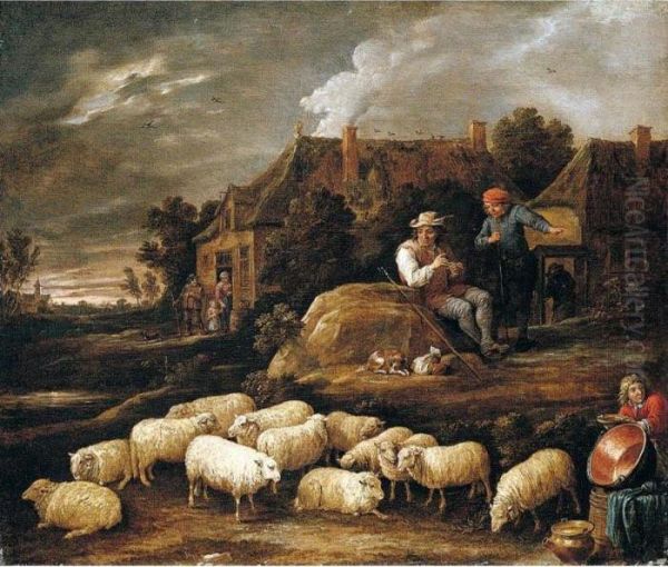 A Shepherd Tending His Sheep And
Conversing With A Traveller At The Edge Of A Village, A Boy Collecting
Water In The Foreground - view 1