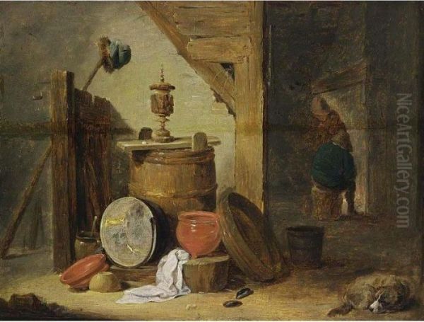 An Interior Of An Inn With A Dog
And Kitchen Utensils In The Foreground, Two Figures Near A Fireplace
Beyond - view 1