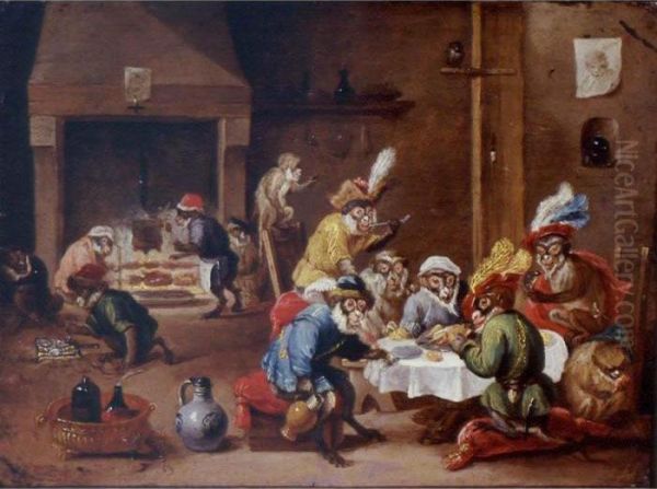 Interior With Monkeys Seated
Around A Table Eating And Drinking, Others In The Background Preparing
Food - view 1
