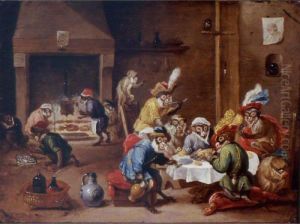 Interior With Monkeys Seated 
Around A Table Eating And Drinking, Others In The Background Preparing 
Food by David The Younger Teniers