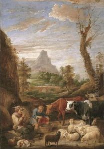A Pastoral Landscape With A Shepherd Playing A Pipe With Cattle And Sheep