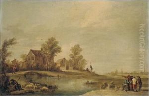 A Landscape With A Herdsman
Resting With His Flock By A River, Peasants Drinking On The Opposite
Bank, And A Peasant Crossing A Bridge Towards A Village Beyond by David The Younger Teniers