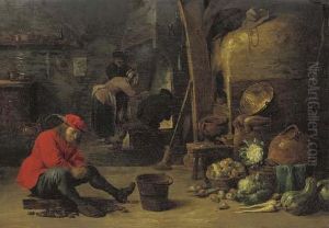 A Kitchen Interior With A Man Shucking Mussels, And Figures Around A Fire