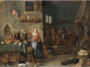 A Kitchen Interior With A Maid 
Holding A Basket Near A Table Laid With Poultry And Pastries
