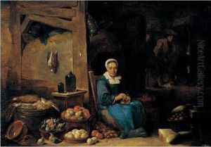 A Kitchen Interior With A Woman Peeling Onions