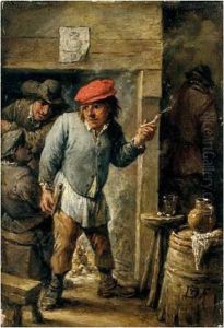 A Tavern Interior With A Man Smoking A Pipe Before A Fire