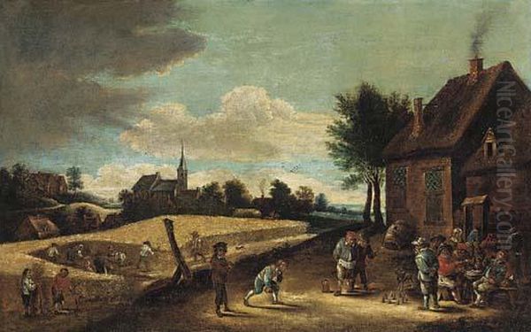 Peasants Playing Skittles Outside An Inn With Farmhands Harvestingin A Nearby Field - view 1