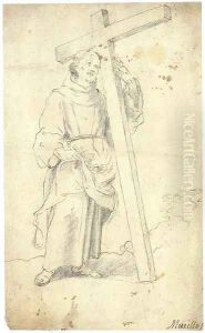 A monk supporting a cross carrying flowers in the fold of his cassock by Spanish School
