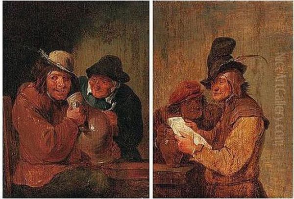Two Boors Drinking And Reading A Letter At A Table - view 1