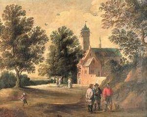 A Wooded Landscape With Figures Talking Outside A Building