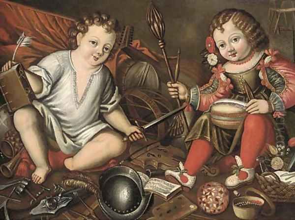 An Allegory of Male and Female, two children seated in an interior with masculine and feminine symbols - view 1