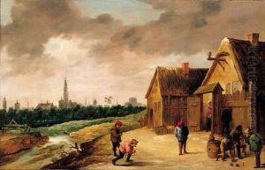Peasants Playing Skittles Beside A Stream Outside An Inn, A View Of Antwerp Beyond