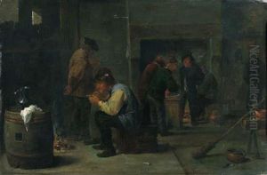 Peasants Smoking Others Standing By A Fireplace Beyond