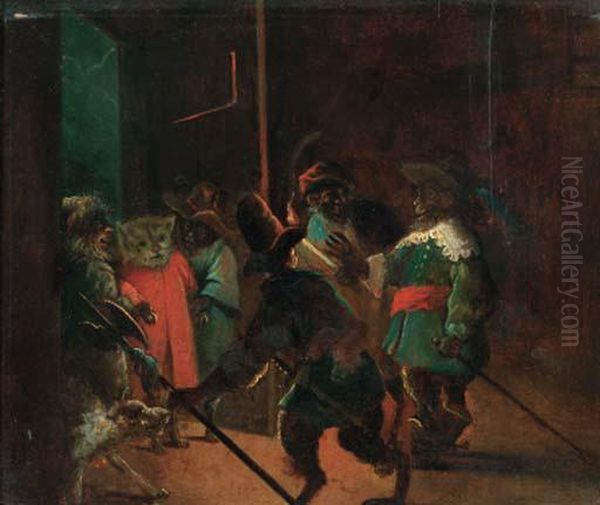 A Singerie: Monkeys Dressed As Soldiers Arresting A Cat - view 1