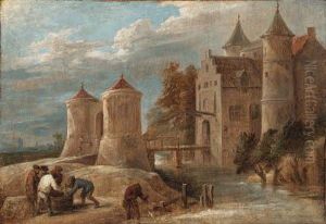 A Landscape With Fishermen Before A Castle With A Drawbridge
Signed With Monogram 'dt.f.'