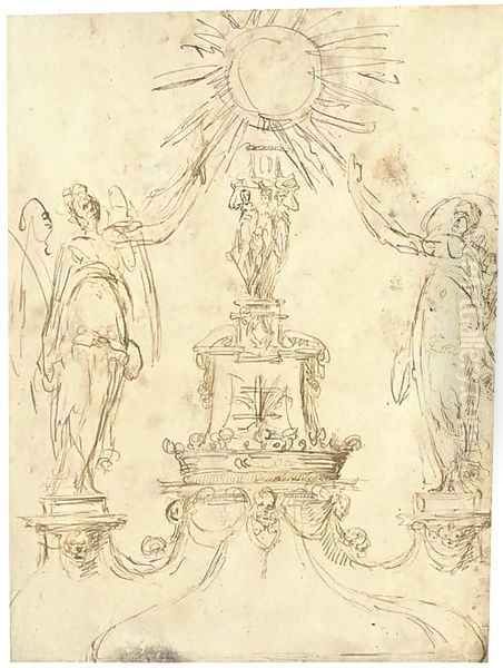 Design for a monstrance with two angels flanking a central column bearing a coronet and a Cross of Lorraine - view 1