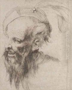 Head of a bearded man in profile to the left, wearing a plumed hat by Spanish School