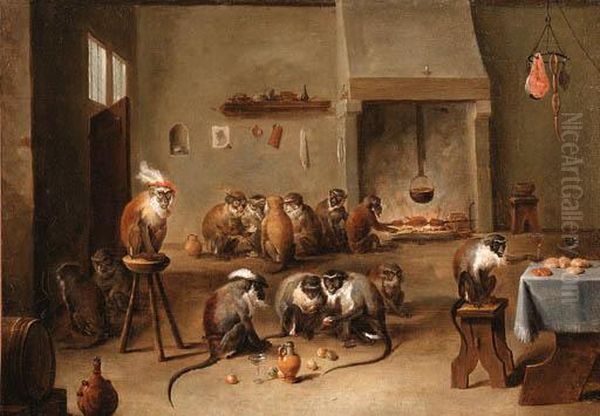 A Singerie: Monkeys Drinking And Eating In A Tavern Interior - view 1