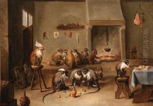 A Singerie: Monkeys Drinking And Eating In A Tavern Interior by David The Younger Teniers