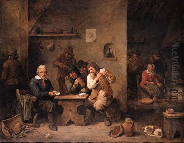 A Boor Showing His Cards To His 
Opponent With Onlookers In Atavern, A Maid Frying Pancakes Beyond - view 1