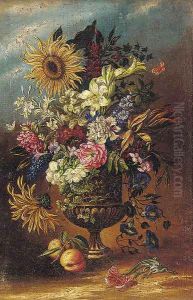 Mixed flowers in an urn by a lizard