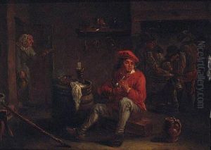 A Man Smoking A Pipe In An Inn With Card Players Beyond