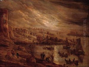 An Extensive River Landscape With Anglers On A Track, A Villagebeyond