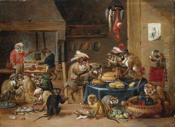 Monkeys Preparing Food In A Kitchen - view 1
