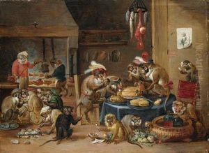 Monkeys Preparing Food In A Kitchen by David The Younger Teniers