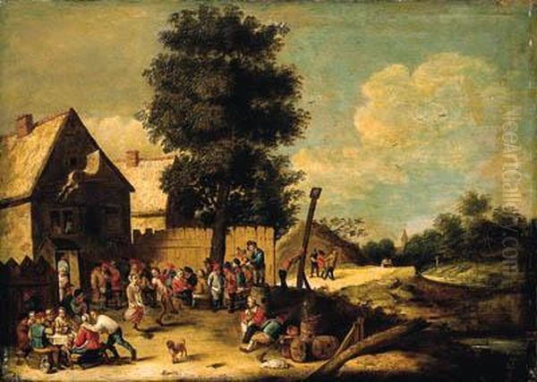 A Peasant Couple Dancing To The 
Music Of A Bagpiper, Standing On Abarrel, With Other Peasants 
Merrymaking, Ouside An Inn - view 1