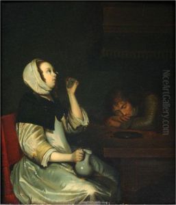 Woman Drinking Wine At Table by Gerard Terborch