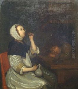 An Interior With A Young Woman
Drinking A Glass Of Wine, Her Male Companion Slumped On A Table Asleep by Gerard Terborch