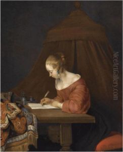 A Young Lady Writing At Her Desk by Gerard Terborch
