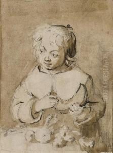 A Little Girl At A Table Holding A Slice Of Melon by Gerard Terborch