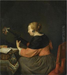 A Lady Seated At A Table Playing A Lute