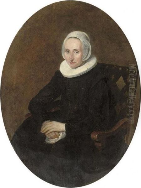 Portrait Of A Lady,
Three-quarter-length, Seated, In A Black Dresswith A White Ruff And
Bonnet - view 1