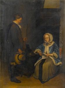 An Elegant Lady Reading A Letter In Thepresence Of A Messenger by Gerard Terborch