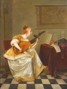 A Young Lady Playing A Lute In An Interior by Gerard Terborch