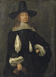 Portrait Of A Gentleman, 
Three-quarter-length, In A White Chemise, Black Costume And Hat, Holding
 Gloves In His Right Hand by Gerard Terborch