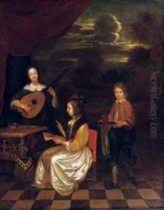 Two Ladies Playing Music Whith A Boy Serving Drinks by Gerard Terborch