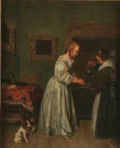 An Elegant Lady With Maidservant Washing Her Hands And Dog Looking On