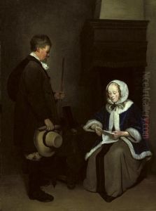 An Elegant Lady Reading A Letter With A Man Standing By by Gerard Terborch