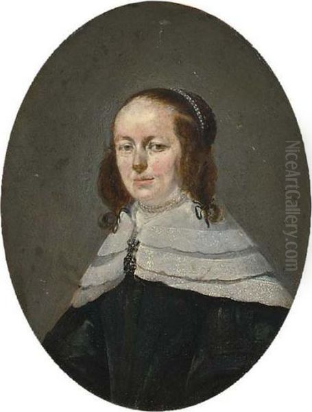 A Portrait Of A Bearded Man,
Bust Length, Wearing A Black Coat With Lace Collar; A Portrait Of A
Lady, Bust Length, Wearing A Black Dress With A Lace Collar And A Pearl
Neck Lace - view 1