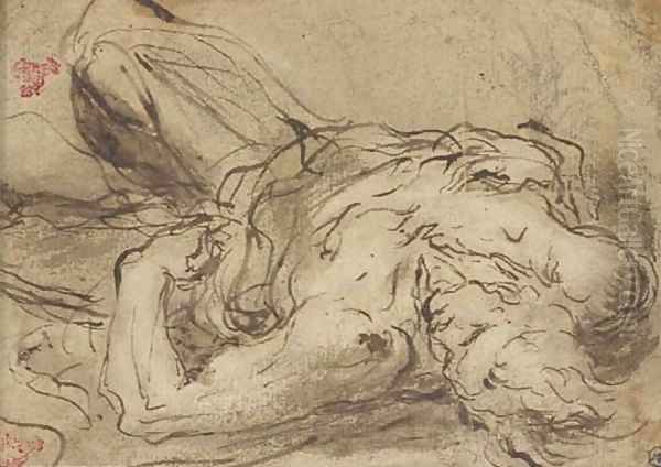 A reclining figure, his hands held across his torso - view 1