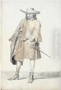A Pair Of Studies Of Noblemen:
One Standing, Counting Money, The Other Seen From Behind, Bearing A
Rifle On His Shoulder, A Castle In The Distance by Gerard Terborch