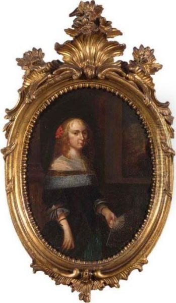 A Portrait Of A Lady, Standing
Three-quarter Length, Wearing A Black Dress With A Lace Collar And Cuffs
Holding A Fan - view 1