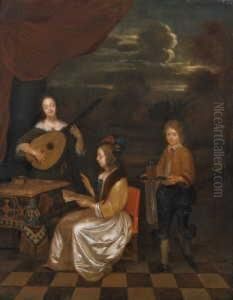 Musizierendes Damenduett Mit Einem Pagen. by Gerard Terborch