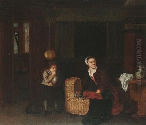 A Mother And Child In An Interior With A Dwarf. by Gerard Terborch