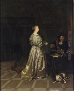 An Interior With A Lady Taking
Singing Lessons From A Gentleman, A Sleeping Dog In The Foreground by Gerard Terborch